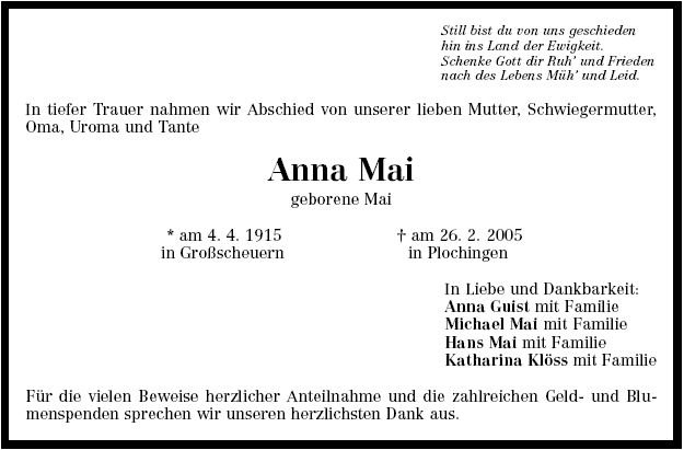 Mai anna 1915-2005 Todesanzeige